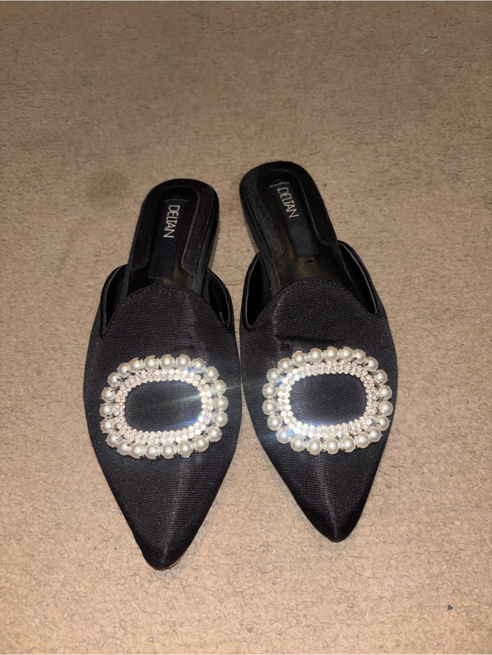 Deltan Black Pearl-Embellished Pointed Mules